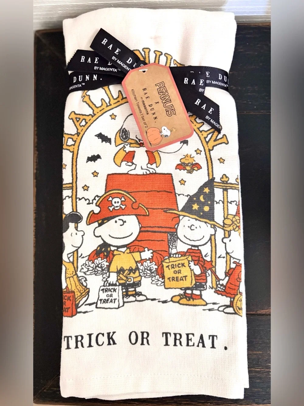 Peanuts x Rae Dunn TRICK OR TREAT Holiday Kitchen Towels Set Of 2 NEW